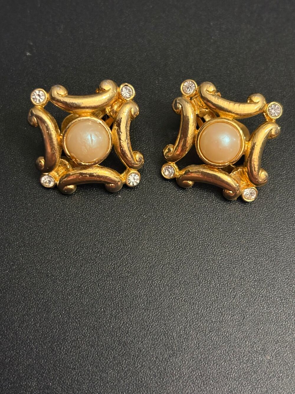 Vintage Gold Tone Faux Pearl Rhinestone Clip Earrings